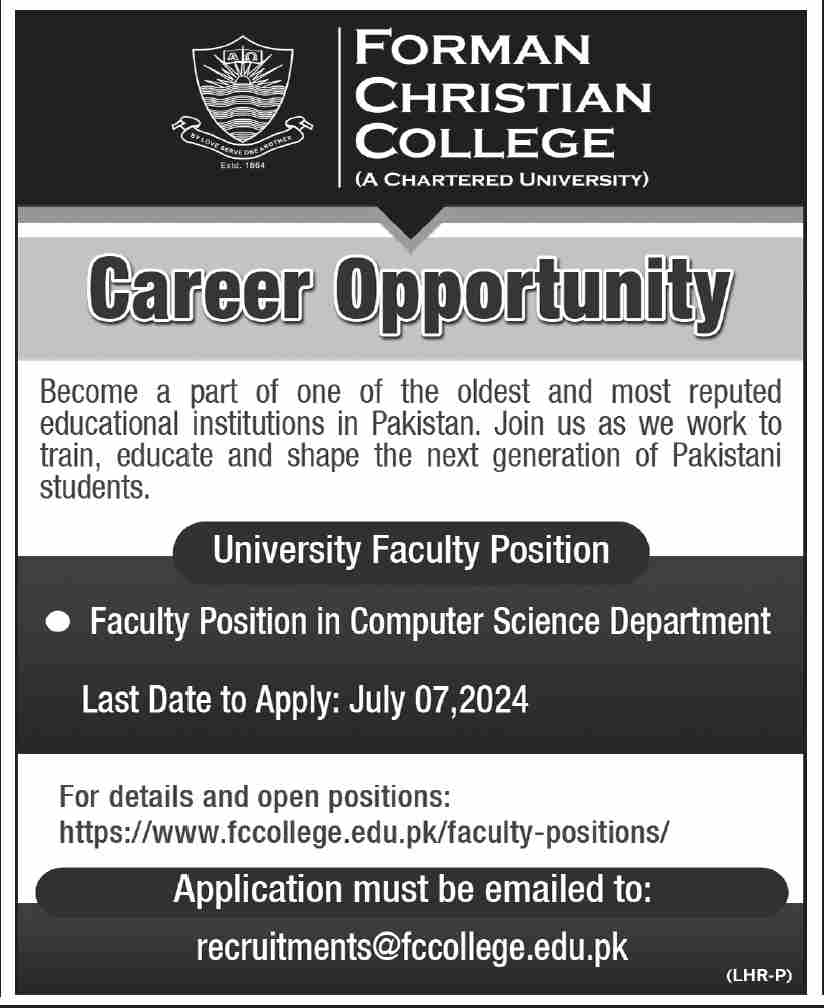 Forman Christian College Karachi Jobs 2024 – Forman Christian College Lahore Jobs 2024 — original advertisement