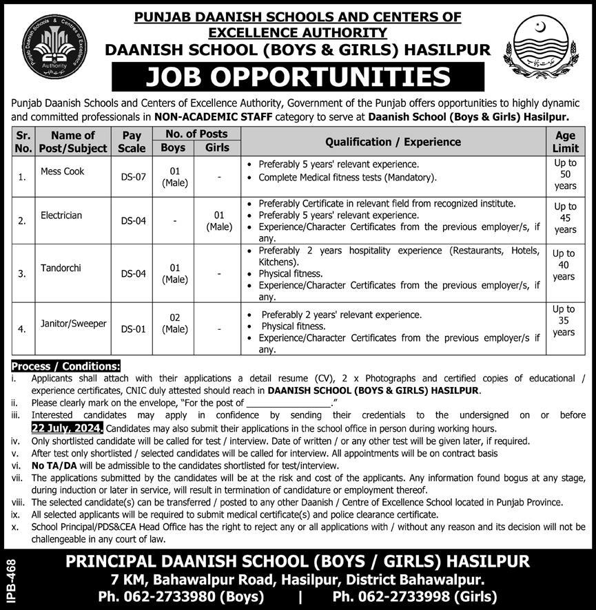 Daanish Schools Hasilpur Punjab Jobs 2024 – Punjab Daanish School Jobs 2024 — original advertisement