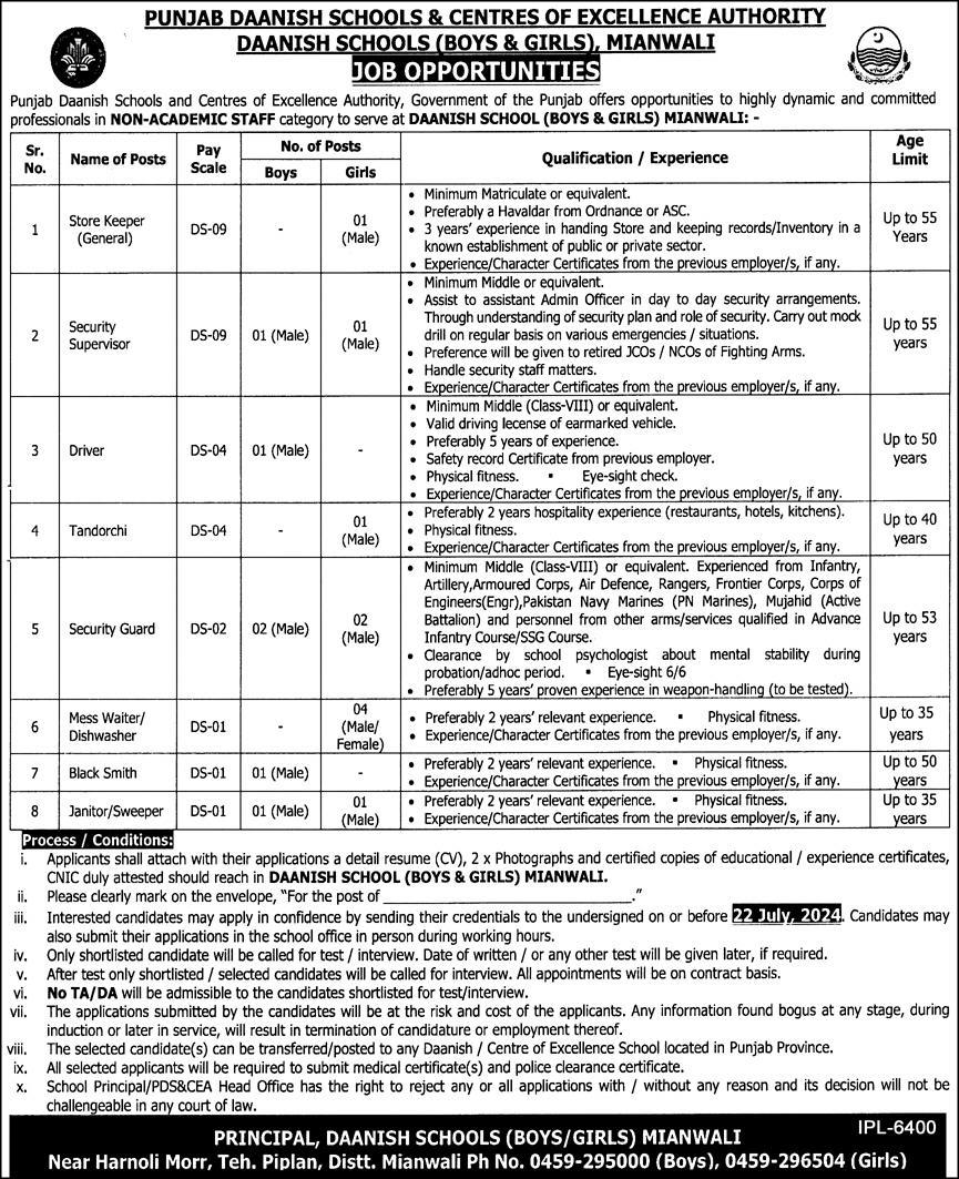 Daanish Schools Mianwali Punjab Jobs 2024 – Punjab Daanish School Jobs 2024 — original advertisement