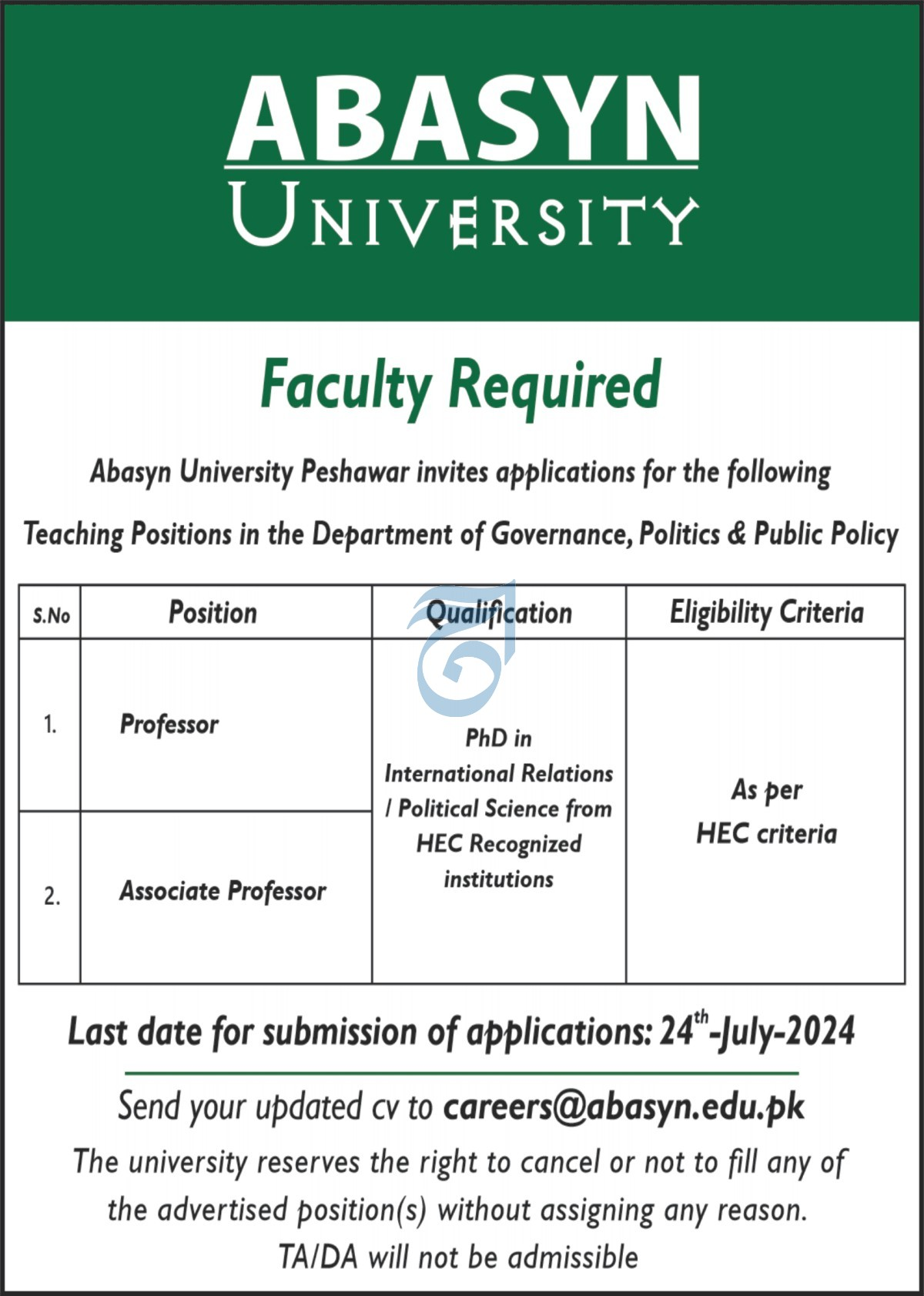 Abasyn University Peshawar Jobs 2024 Jobs 2024 — original advertisement