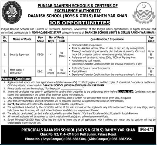 Daanish School Boys And Girls Rahim Yar Khan Jobs 2024 – Punjab Daanish School Jobs 2024 — original advertisement