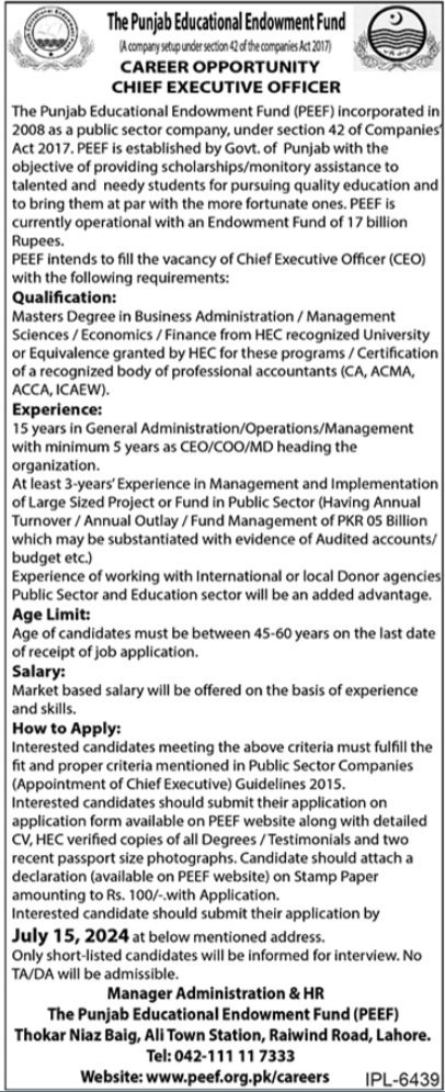 The Punjab Educational Endowment Fund Jobs 2024 – Punjab Educational Endowment Fund PEEF Jobs 2024 — original advertisement