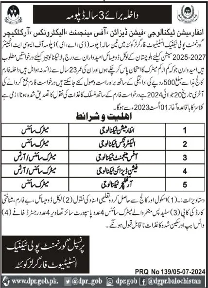 Admissions Open in Polytechnic Institute For Girls 2024 – Government Polytechnic Institute For Girls Quetta Admissions 2024 — original advertisement