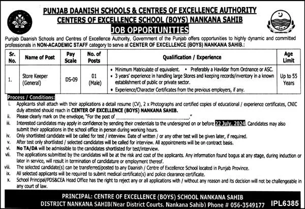 Punjab Daanish Schools & Center Nankana Sahib Sindh Job 2024 Jobs 2024 — original advertisement