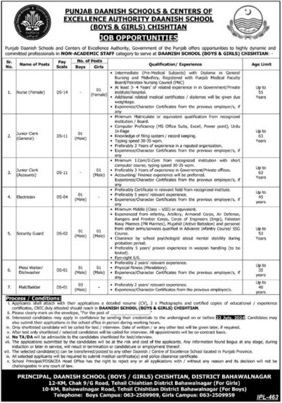 Daanish School Boys And Girls Chishtian Jobs 2024 – Punjab Daanish School Jobs 2024 — original advertisement