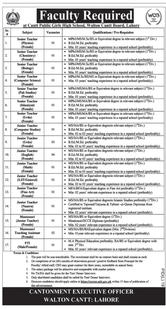 Cantt Public Girls High School Lahore Jobs 2024 – Federal Govt Educational Institutes Cantts and Garrisons Jobs 2024 — original advertisement