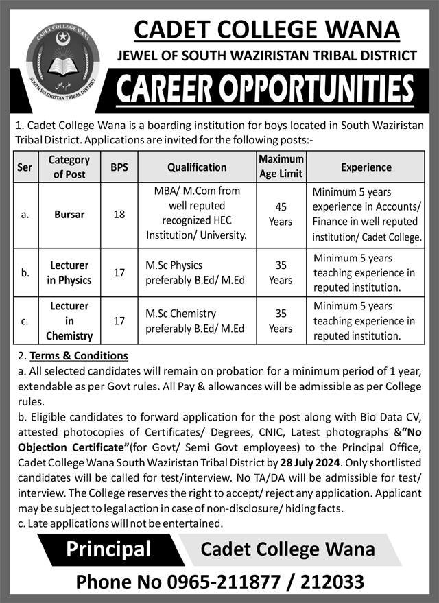 Cadet College Wana Khyber Pakhtunkhwa Jobs 2024 Jobs 2024 — original advertisement