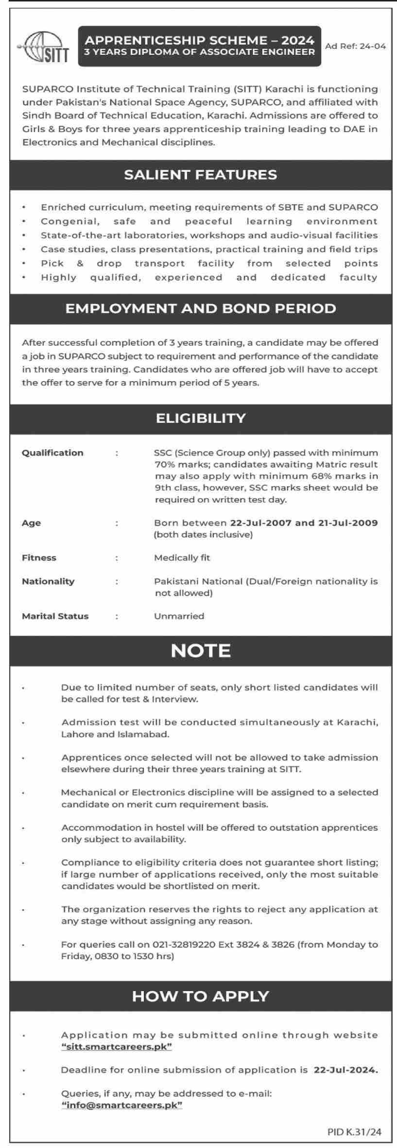 Apprenticeship At SUPARCO Institute Of Technical Training – Private Sector Organization Jobs 2024 — original advertisement