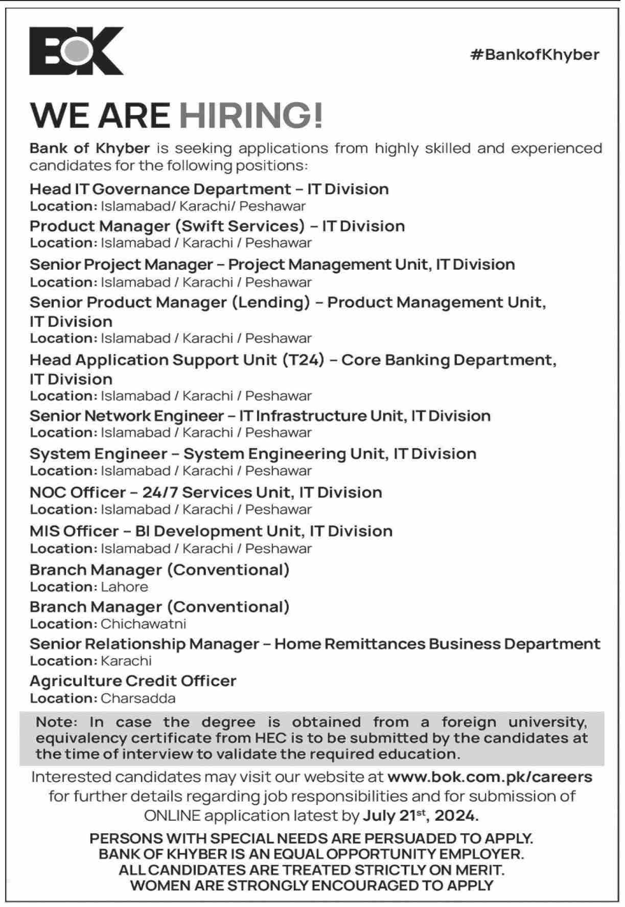The Bank Of Khyber BOK Khyber Pakhtunkhwa Jobs 2024 Jobs 2024 — original advertisement