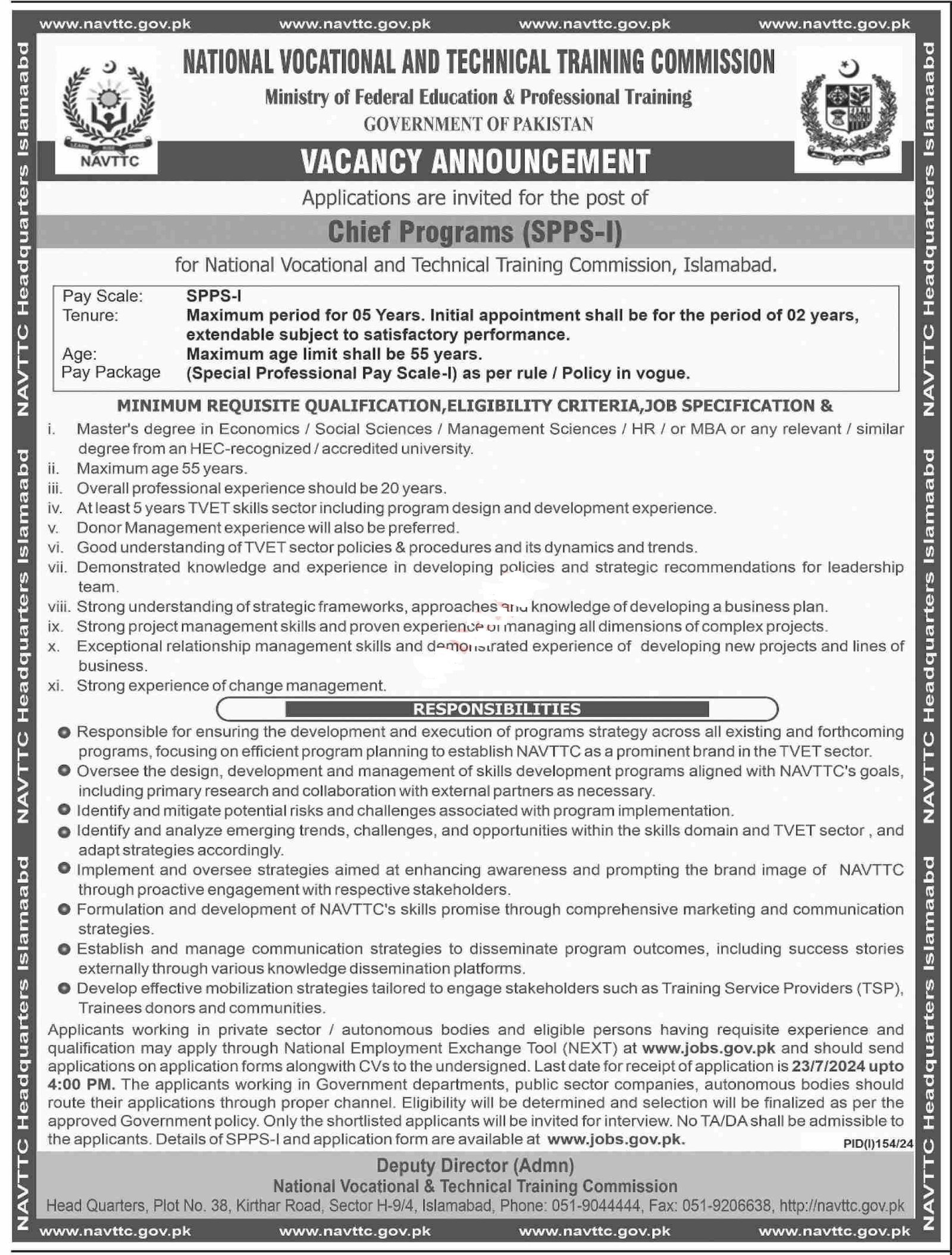 National Vocational And Technical Training Islamabad Jobs – National Vocational and Technical Training Commission NAVTTC Islamabad Jobs 2024 — original advertisement