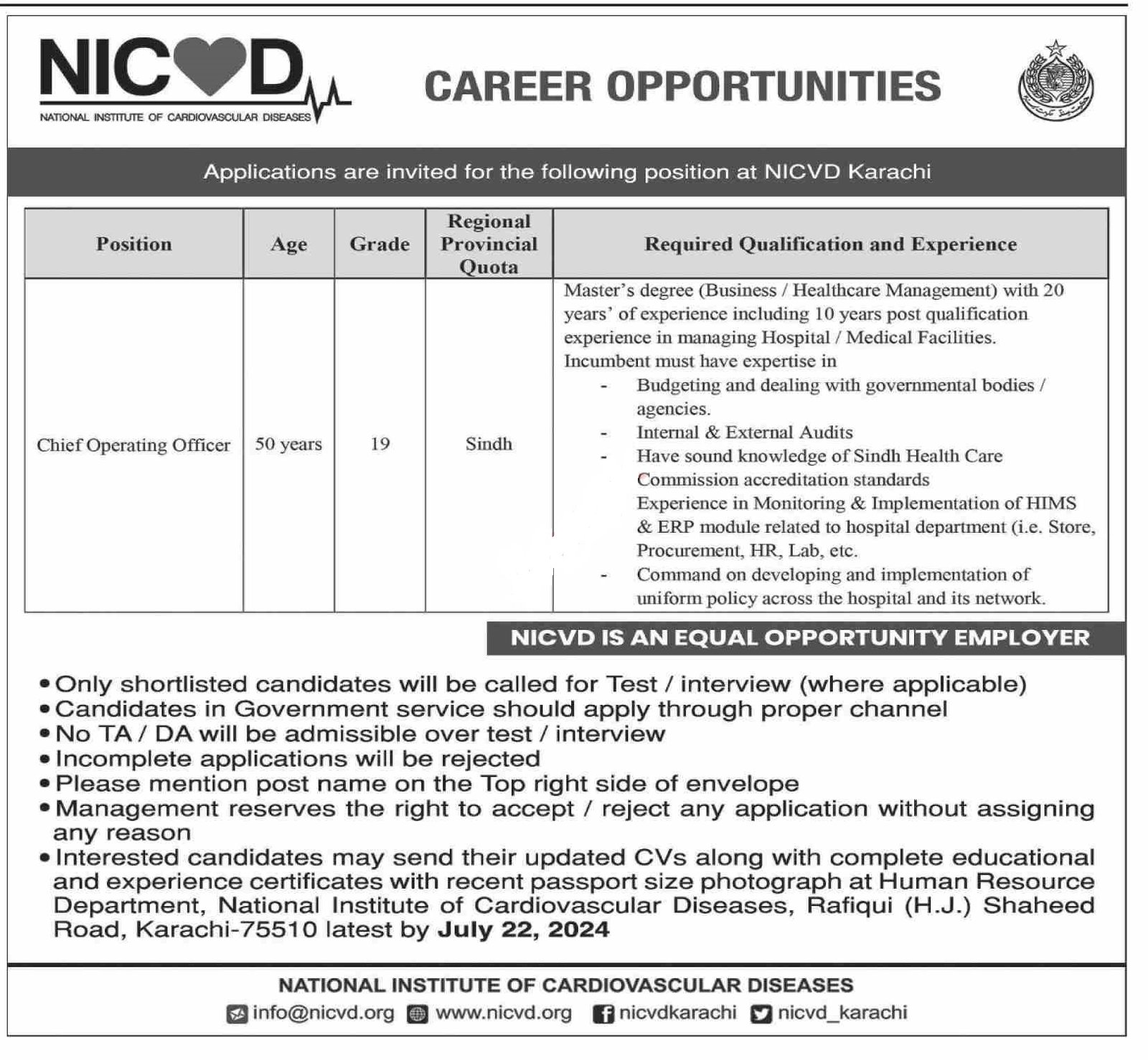 National Institute of Cardiovascular Diseases NICVD Jobs – National Institute of Cardiovascular Diseases (NICVD) Sindh Karachi Jobs 2024 — original advertisement