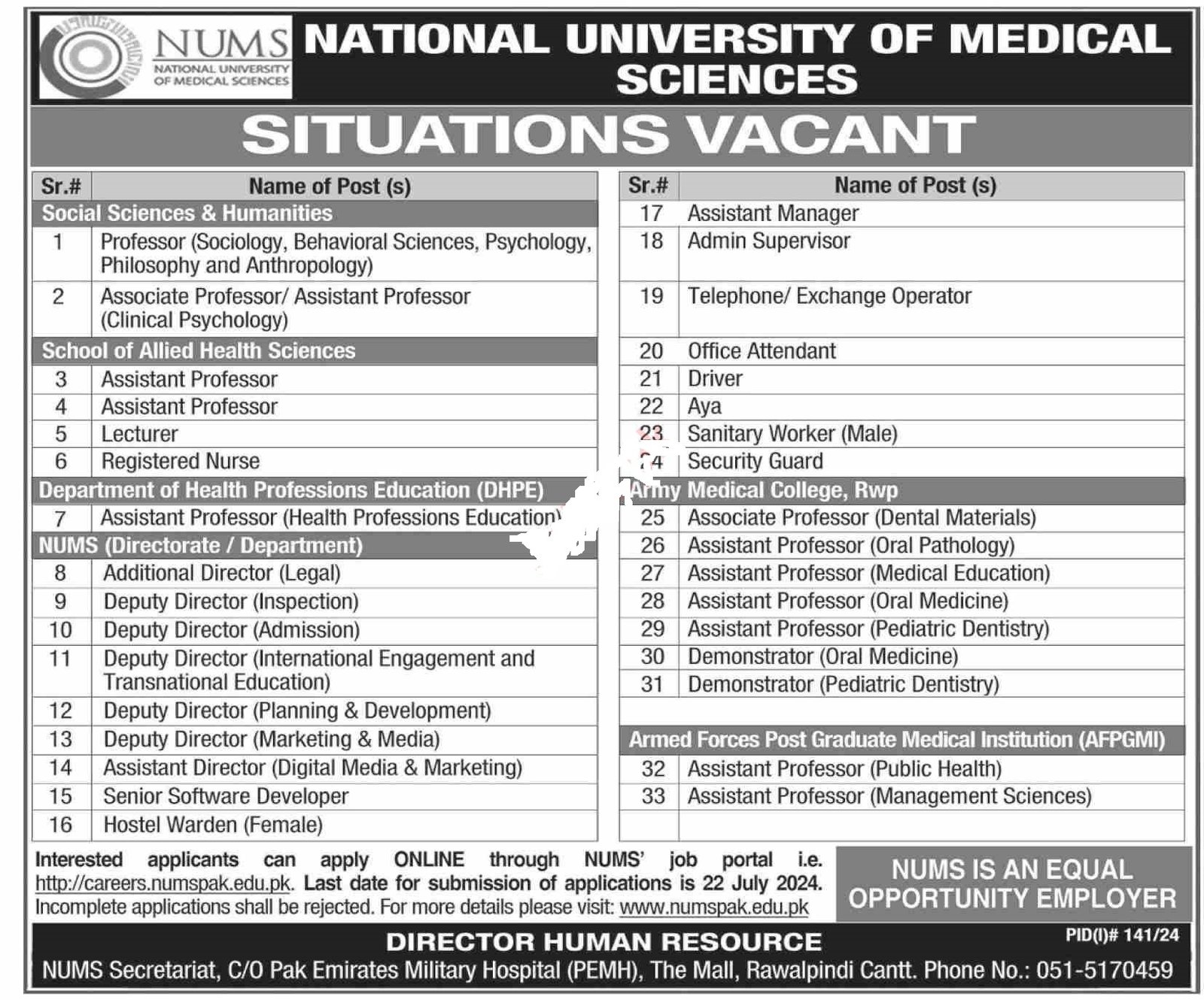 National University of Medical Sciences NUMS Rawalpindi Jobs – National University of Medical Science NUMS Jobs 2024 — original advertisement