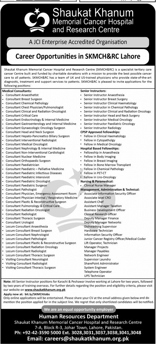 Shaukat Khanum Memorial Cancer Hospital Karachi Jobs – Shaukat Khanum Memorial Cancer Hospital and Research Centre Jobs 2024 — original advertisement