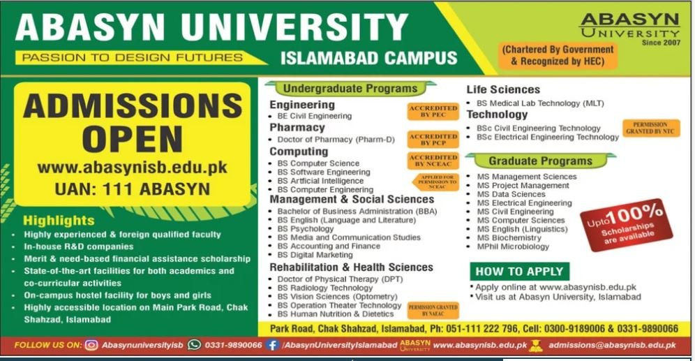 Admission Open in Abasyn University Peshawar 2024 Admissions 2024 — original advertisement