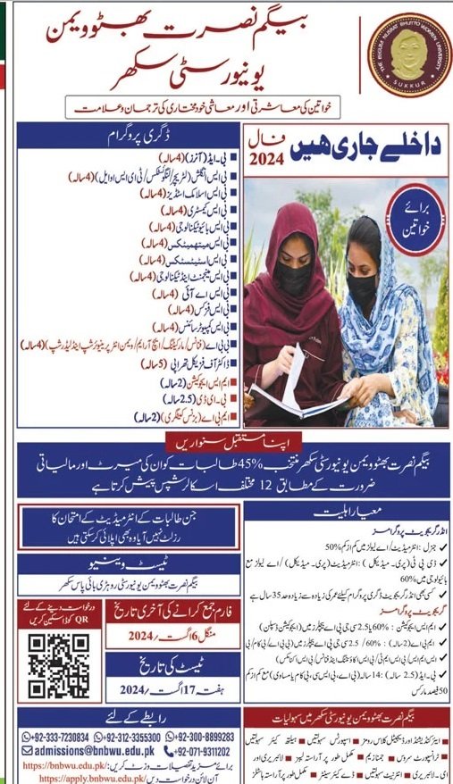 Admission Open in Begum Nusrat Bhutto Women University Sukku – Begum Nusrat Bhutto Women University Sukkur Admissions 2024 — original advertisement