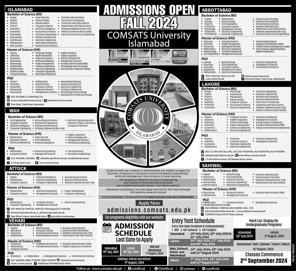 Admission Open in Comsats University Islamabad 2024 Admissions 2024 — original advertisement