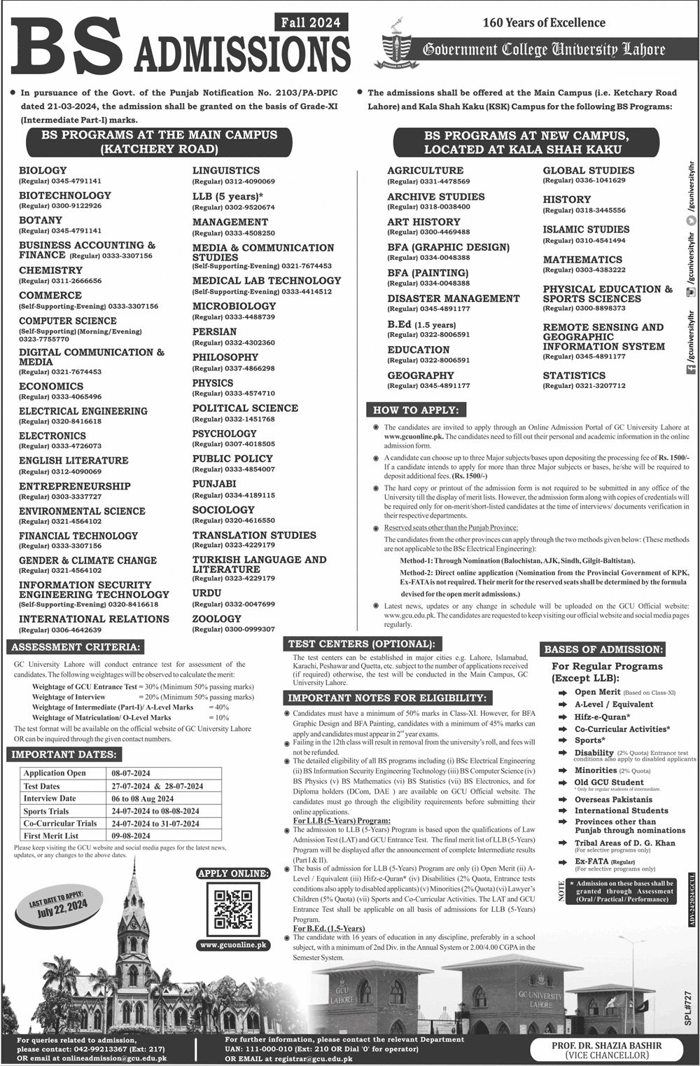 Admission Open in Government College University Lahore 2024 Admissions 2024 — original advertisement
