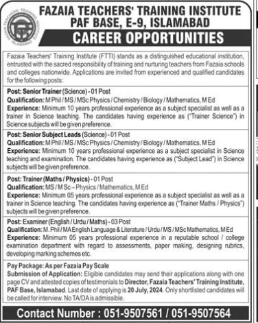 Fazaia Teachers Traning Institute Paf Bas Islambad Jobs 2024 – Fazaia Schools & Colleges Jobs 2024 — original advertisement