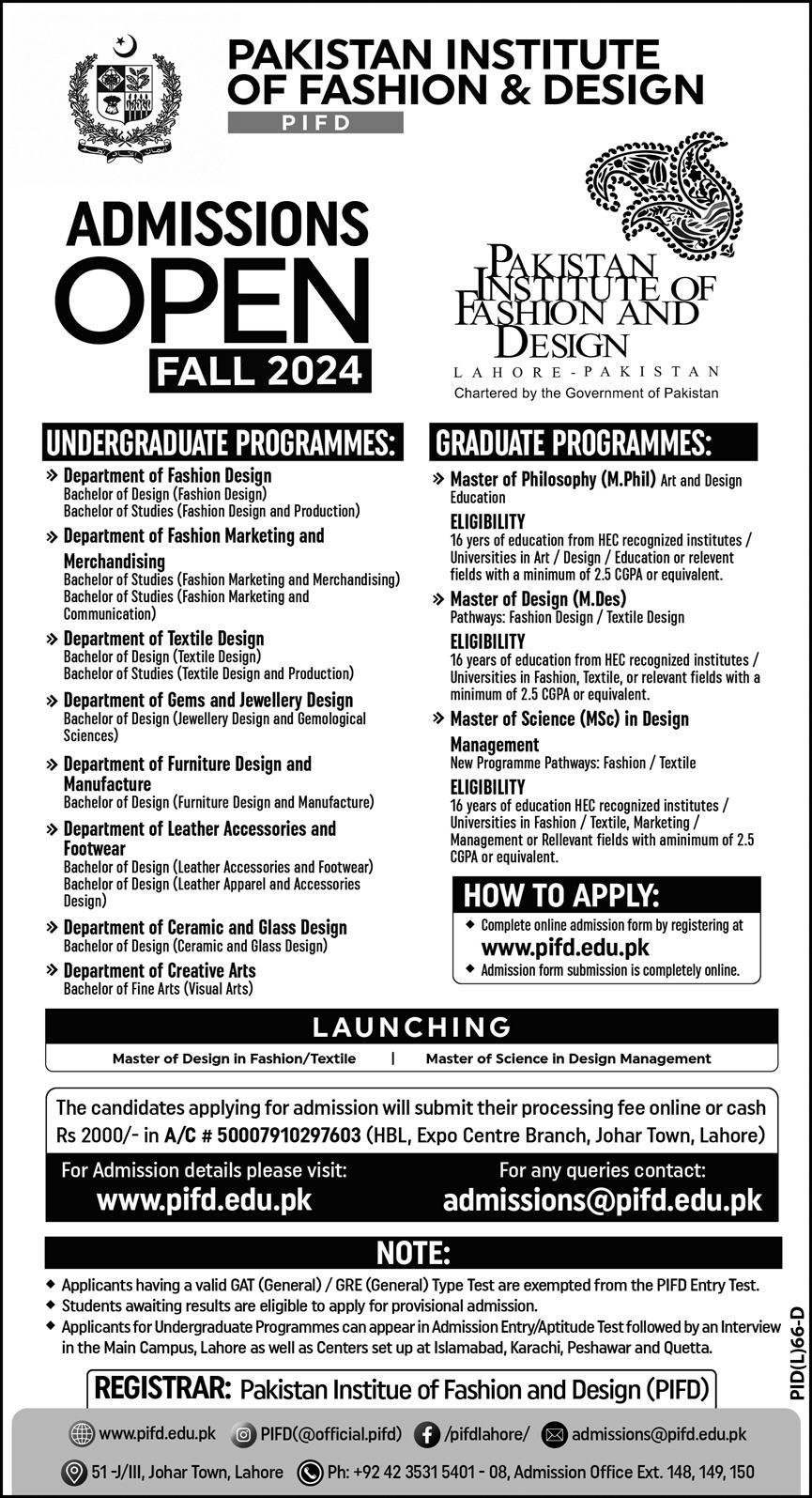 Admission Open in Pakistan Institute of Fashion & Design – Pakistan Institute of Fashion and Design PIFD Lahore Admissions 2024 — original advertisement