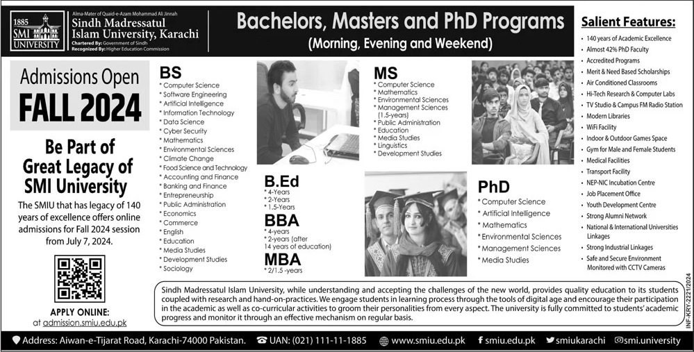 Admission Open in Sindh Madressautal Islam University 2024 – Sindh Madressatul Islam University Karachi Admissions 2024 — original advertisement