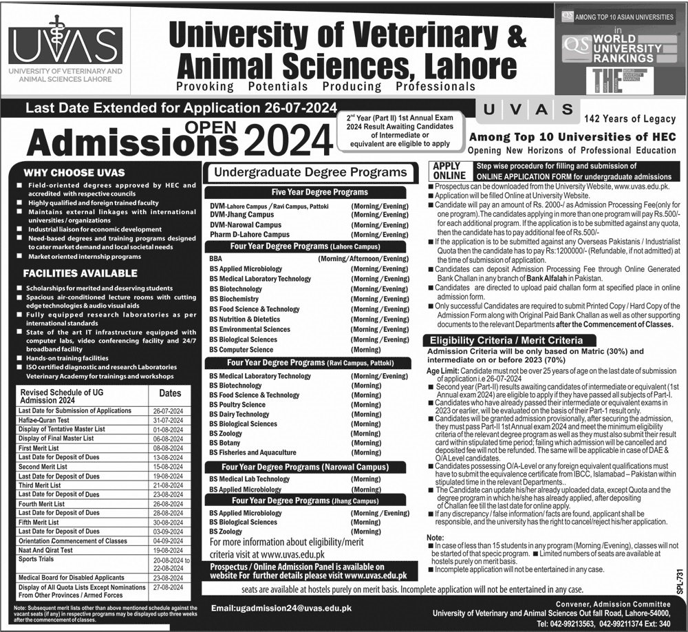Admission Open in University of Veterinary & Animal Sciences – University of Veterinary and Animal Sciences Lahore Admissions 2024 — original advertisement
