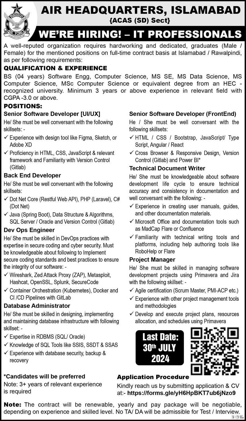 Air Headquaters Islamabad Jobs 2024 – Pakistan Air Force Jobs 2024 — original advertisement