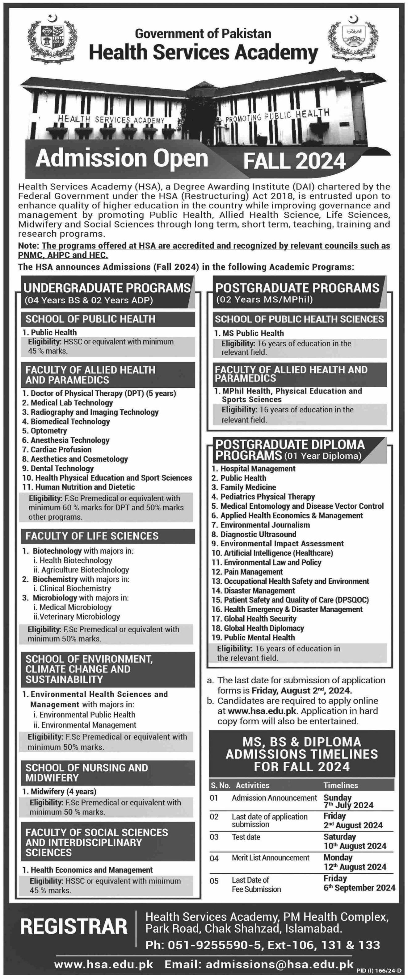 Admission Open In Health Services Academy 2024 Admissions 2024 — original advertisement