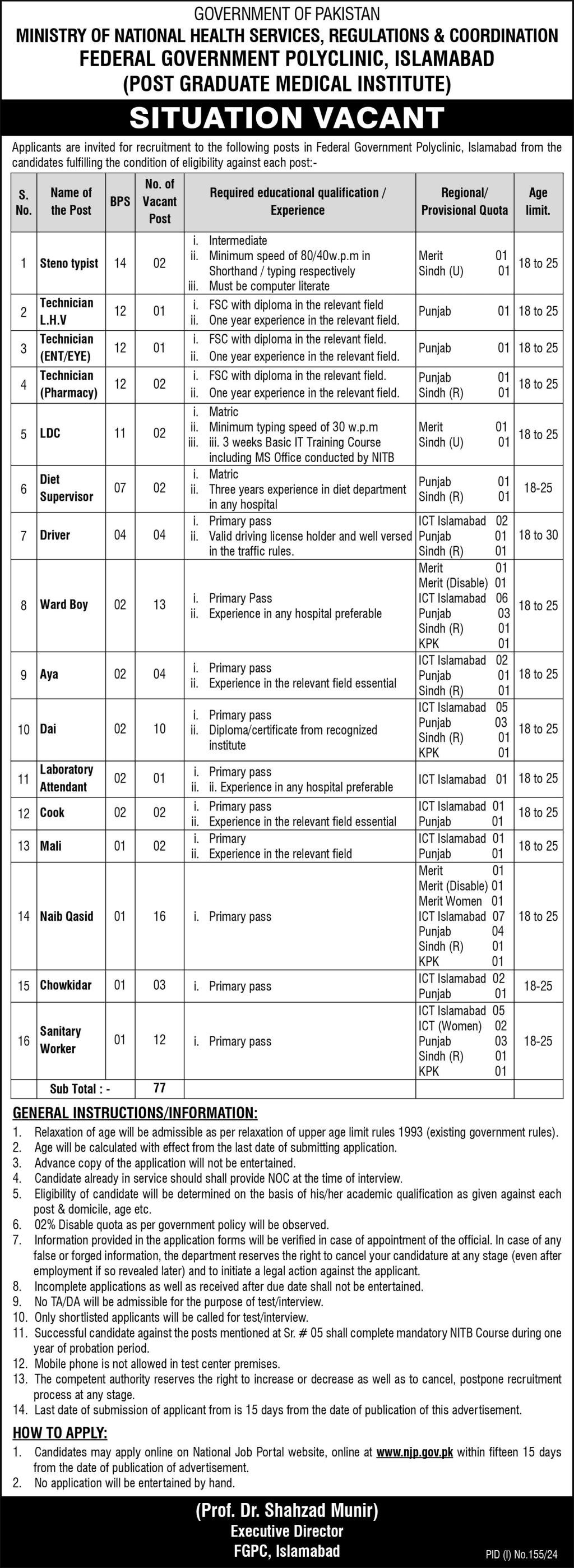 Federal Govermnet Polyclinic Islamabad Jobs 2024 – Ministry of National Health Services Regulation and Coordination Jobs 2024 — original advertisement