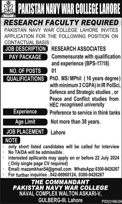 Pakistan Navy War College Lahore Punjab Jobs 2024 Jobs 2024 — original advertisement