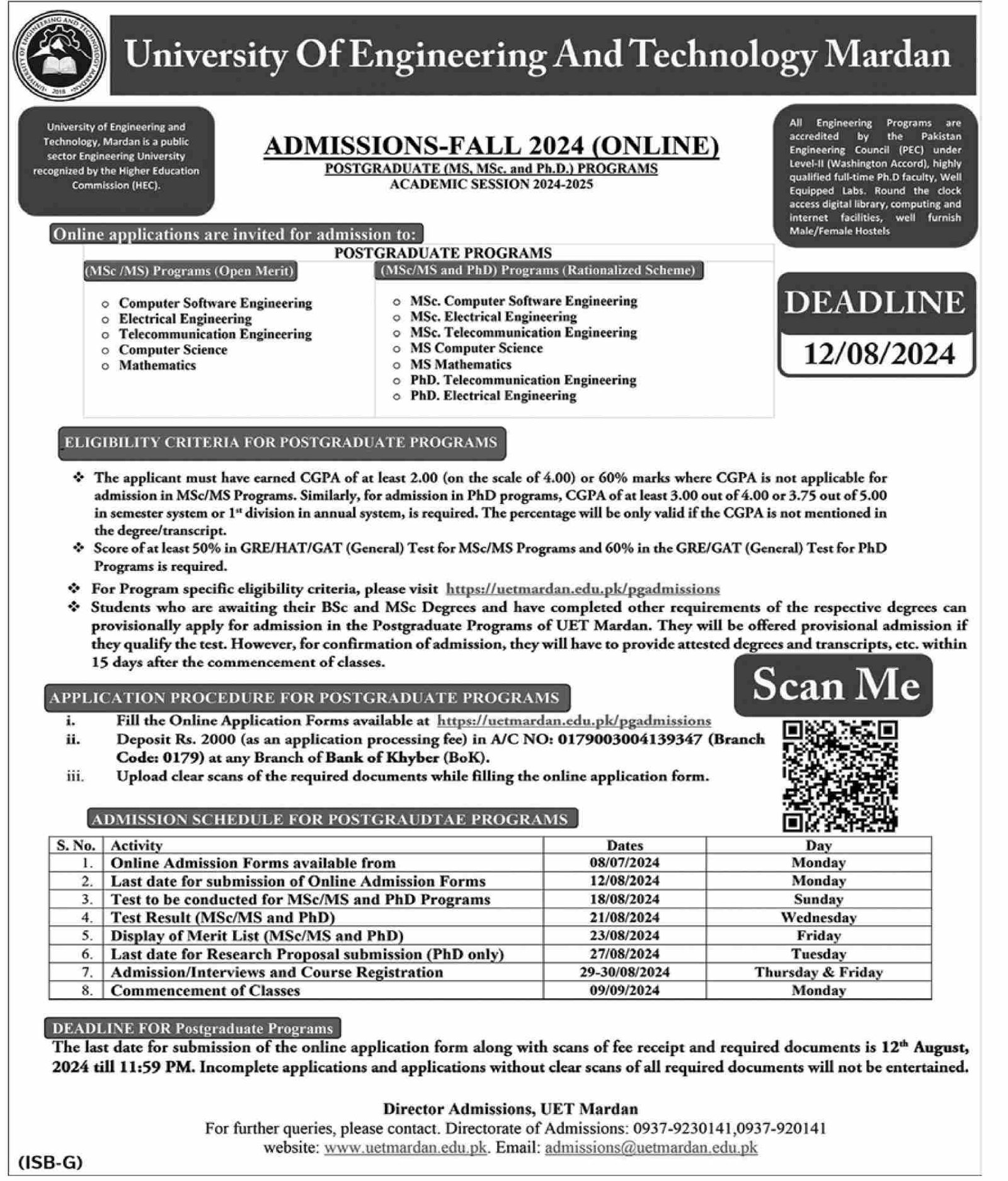 Admission Open in University of Engineering And Technology – University of Engineering and Technology Mardan Admissions 2024 — original advertisement