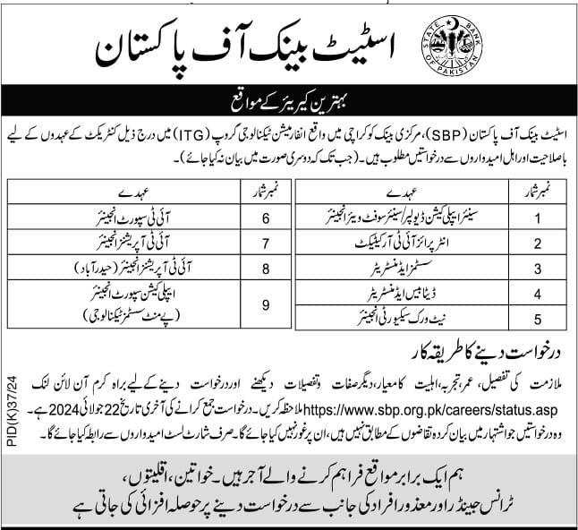State bank of Pakistan Karachi Jobs 2024 Jobs 2024 — original advertisement