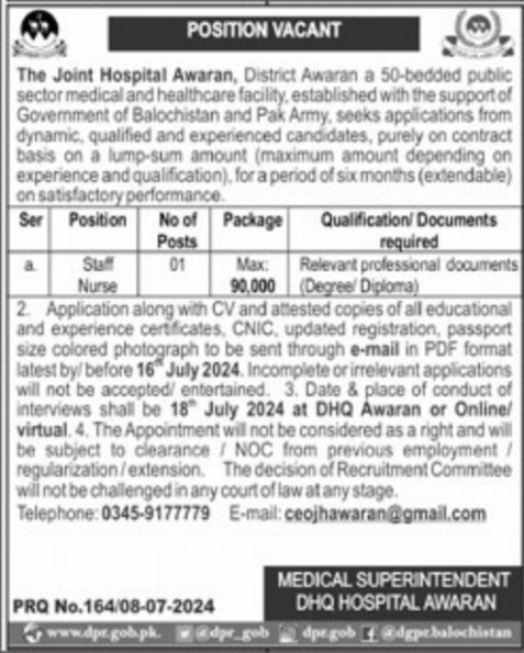 Joint Hospital Awaran Balochistan Jobs 2024 Jobs 2024 — original advertisement