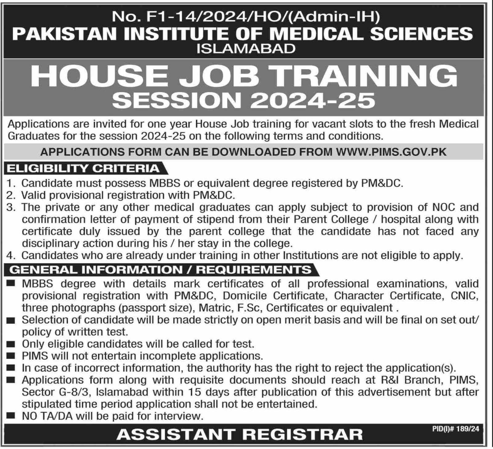 Pakistan Institute of Medical Sciences PIMS Islamabad Jobs Jobs 2024 — original advertisement
