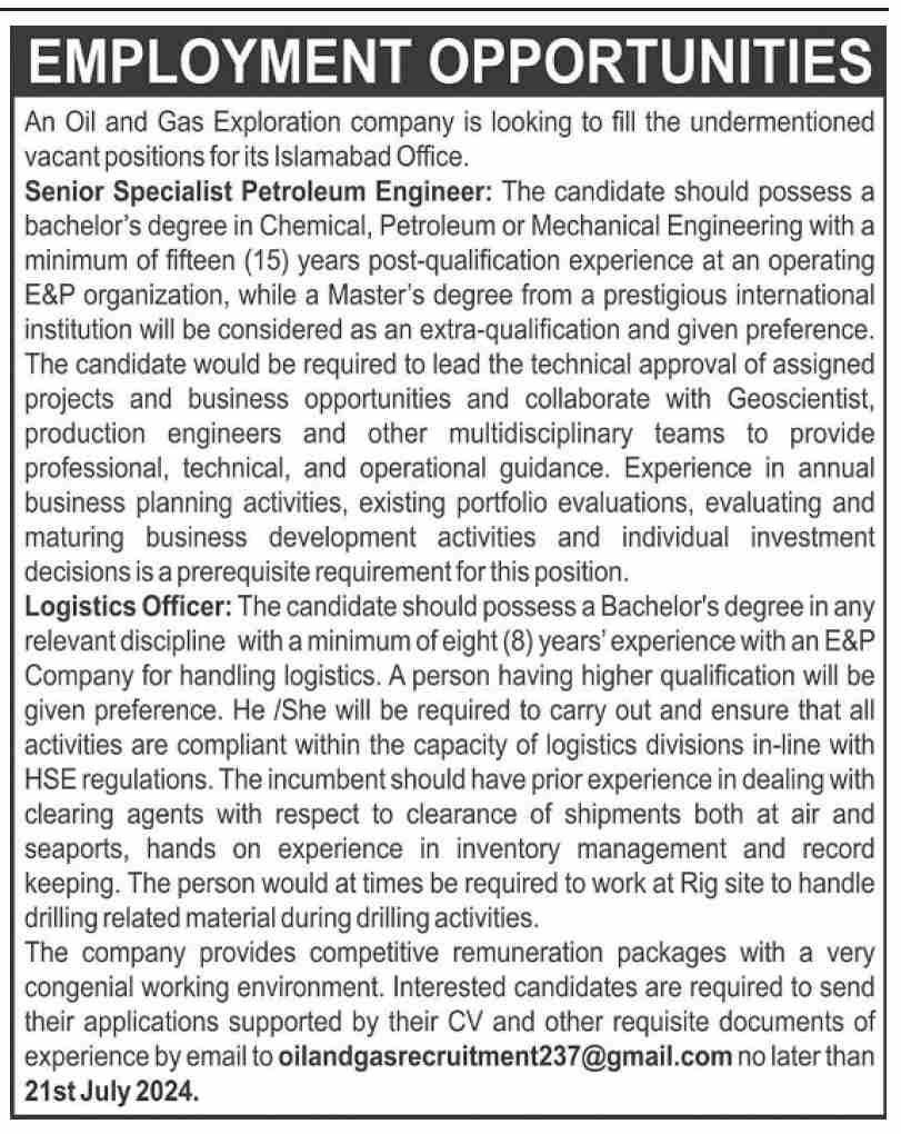 Oil And Gas Exploration Company Islamabad Jobs 2024 – Oil & Gas Development Company LTD Jobs 2024 — original advertisement