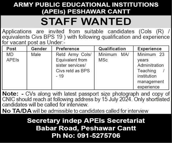 Army Public Educational Institutions Peshawar Jobs 2024 – Army Public School & College Paksitan Jobs 2024 — original advertisement