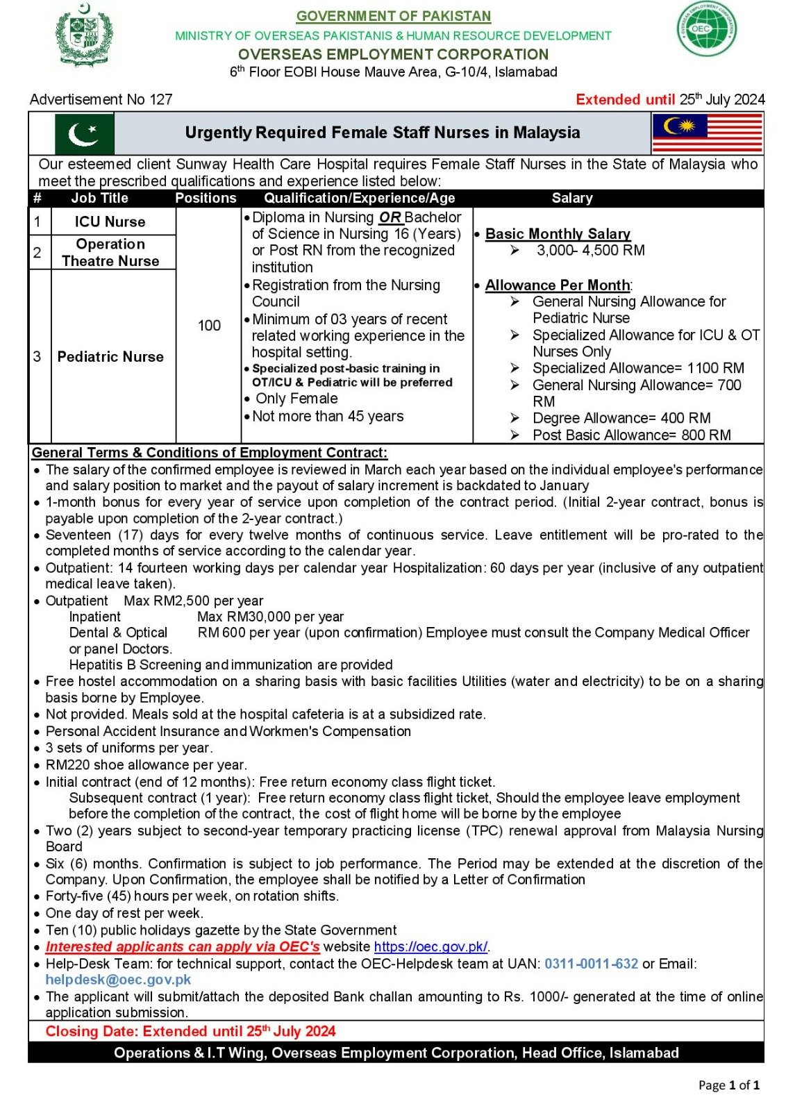 Nurses required in Malaysia 2024 – Overseas Employment Corporation Pakistan Jobs 2024 — original advertisement