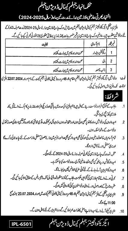 Anhar Department Jhelum Canal Division Jobs 2024 – Anhar Department Sheikhupura Jobs 2024 — original advertisement