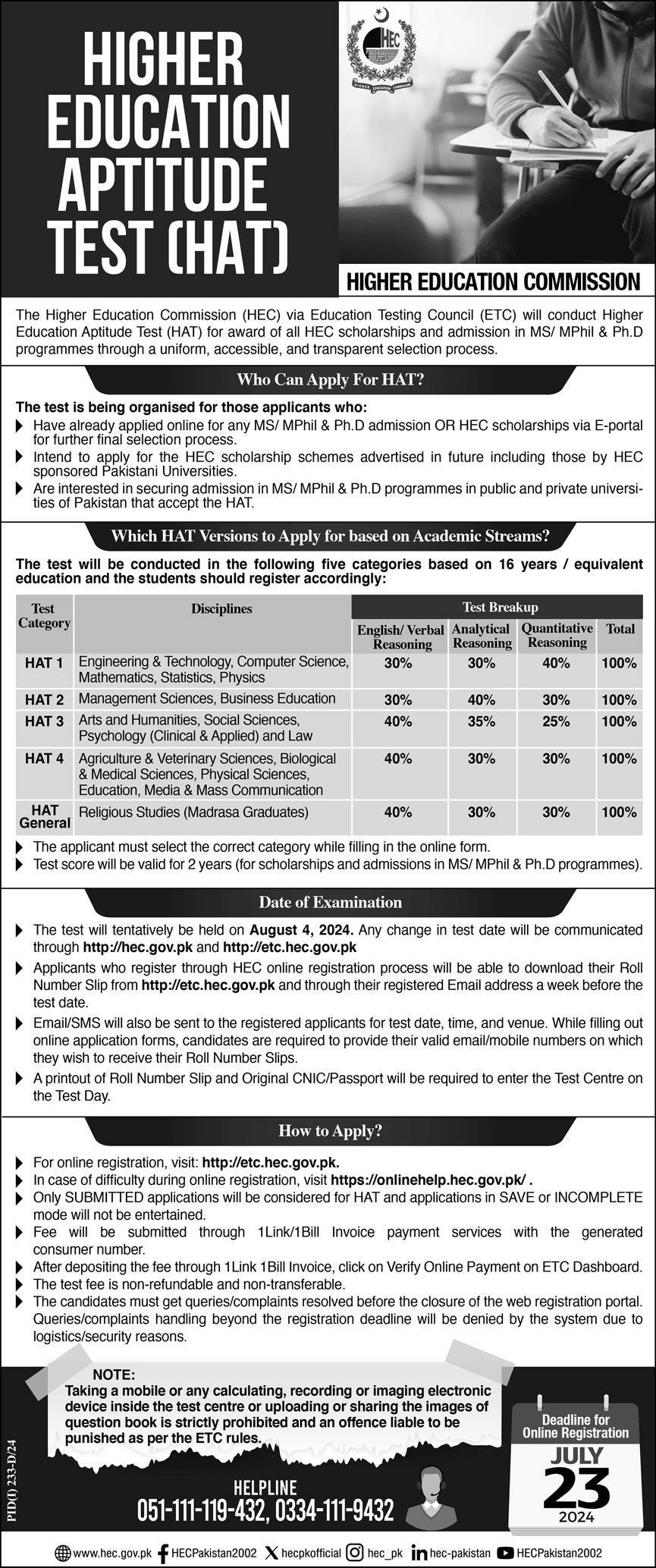 Higher Education Aptitude Test At HEC 2024 – Higher Education Commission Islamabad Admissions 2024 — original advertisement