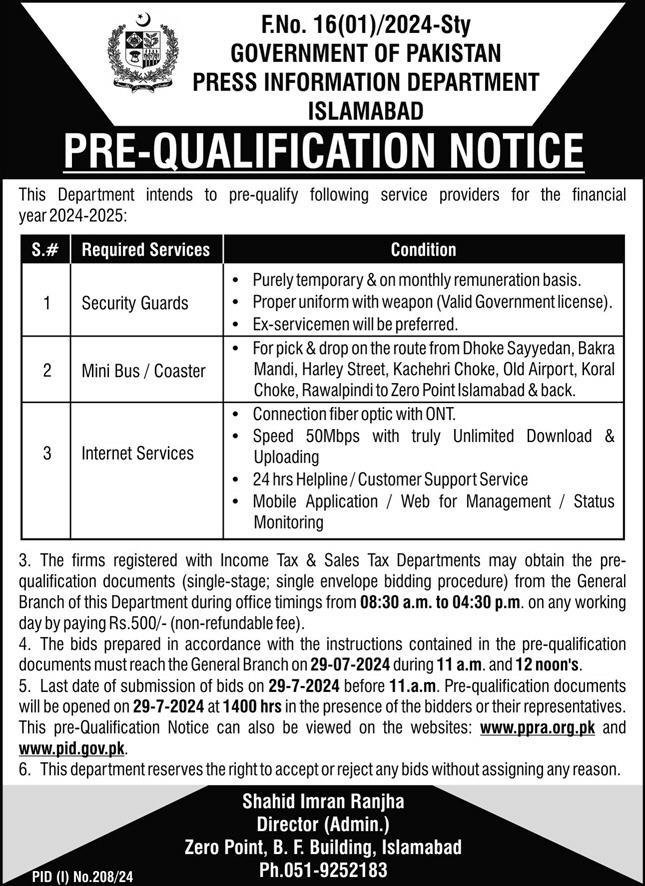 Press Information Department Islamabad Jobs 2024 Jobs 2024 — original advertisement