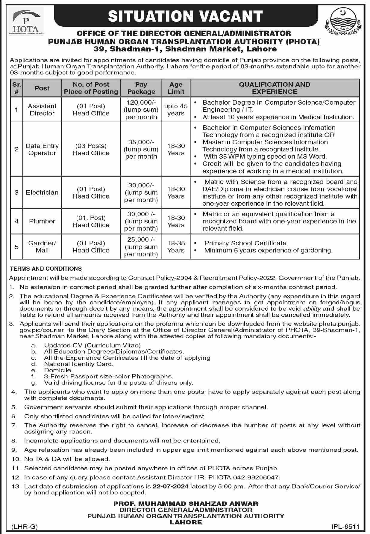 Punjab Human Organ Transplantation Authority Lahore Job 2024 Jobs 2024 — original advertisement
