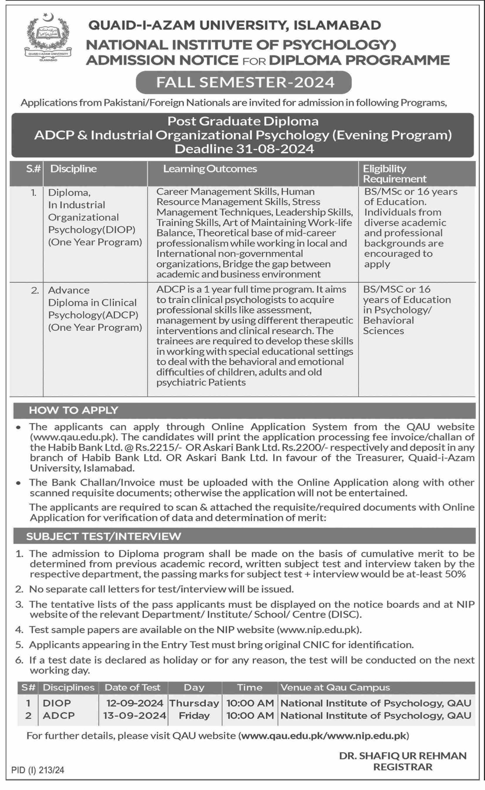 Admission Open in Quaid I azam University Islamabad 2024 – Quaid-i-Azam University, Islamabad , Pakistan Admissions 2024 — original advertisement