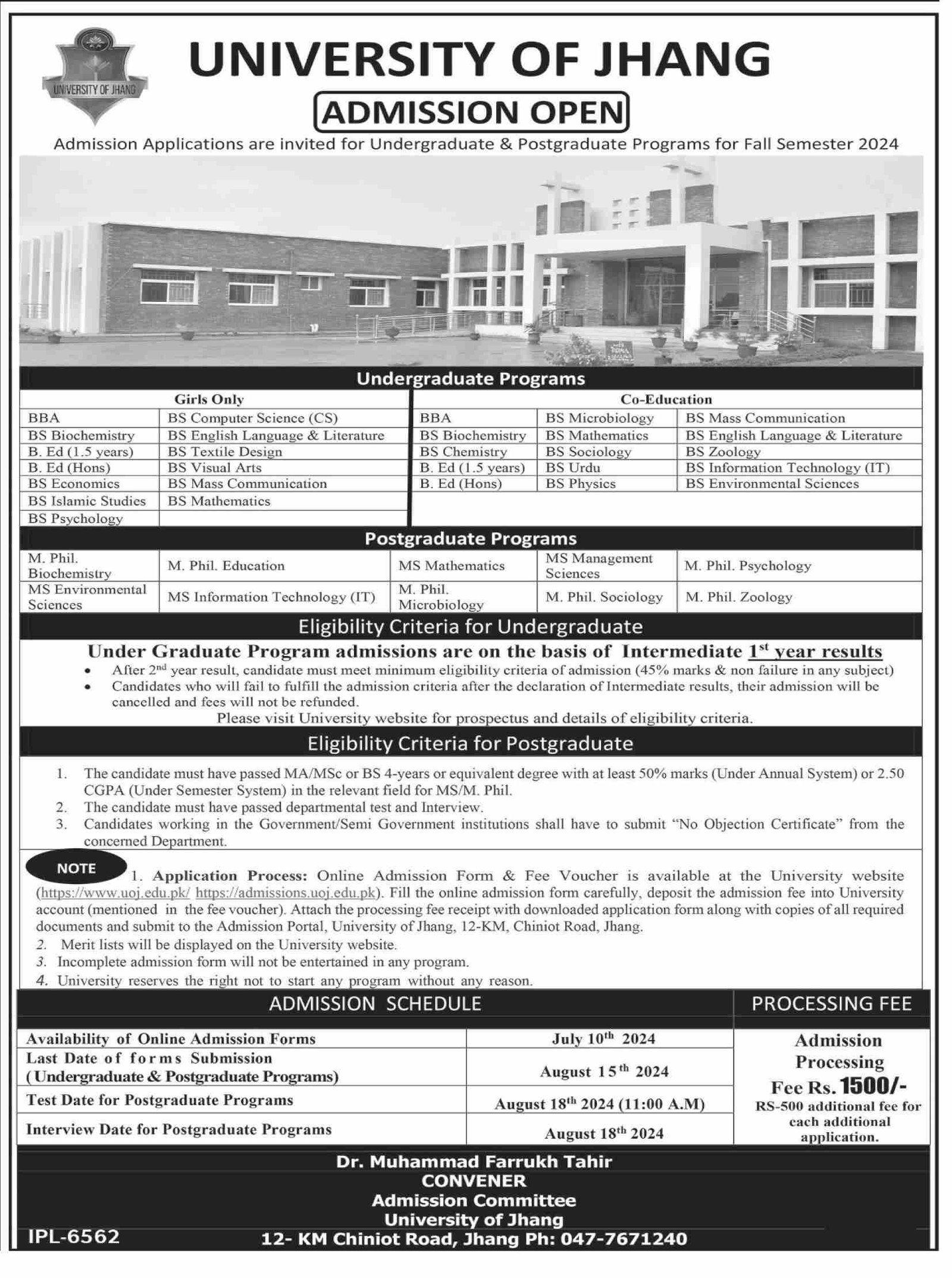Admission Open in University of Jhang Punjab 2024 Admissions 2024 — original advertisement
