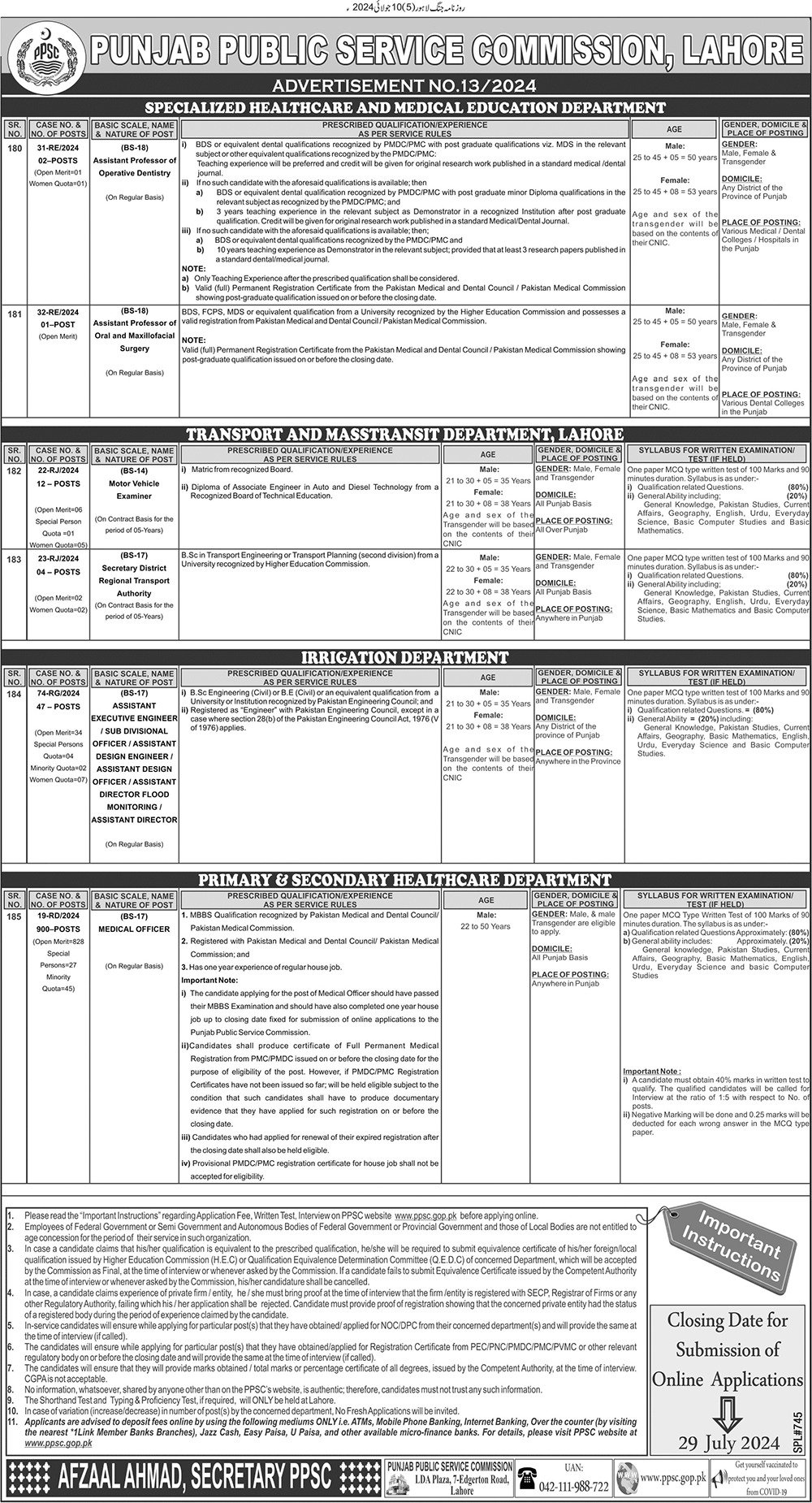 Punjab Public Service Commission PPSC Lahore Jobs 13/2024 – Punjab Public Service Commission Lahore Jobs 2024 — original advertisement