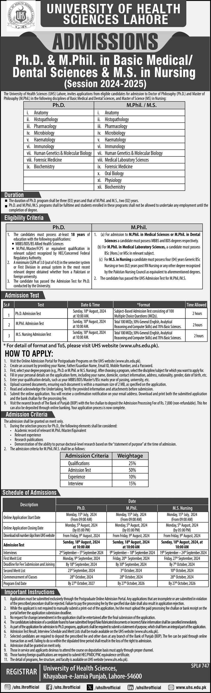 Admission Open in Univesity of Health Sciences Lahore 2024 – University of Health Sciences Lahore Admissions 2024 — original advertisement