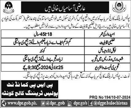 Police Training College Quetta Jobs 2024 Jobs 2024 — original advertisement