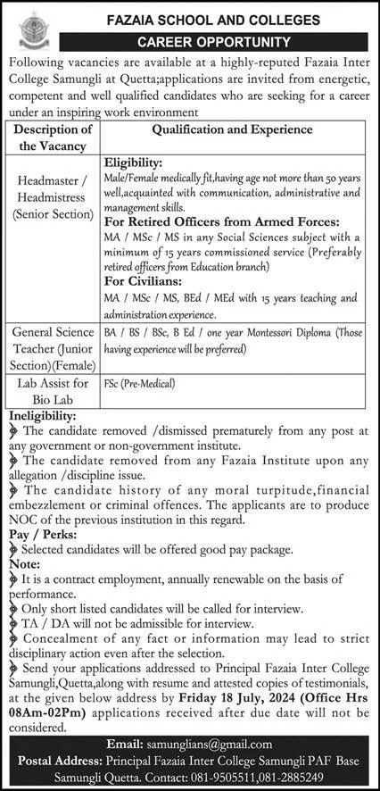 Fazaia Schools And Colleges Quetta Jobs 2024 – Fazaia Schools & Colleges Jobs 2024 — original advertisement