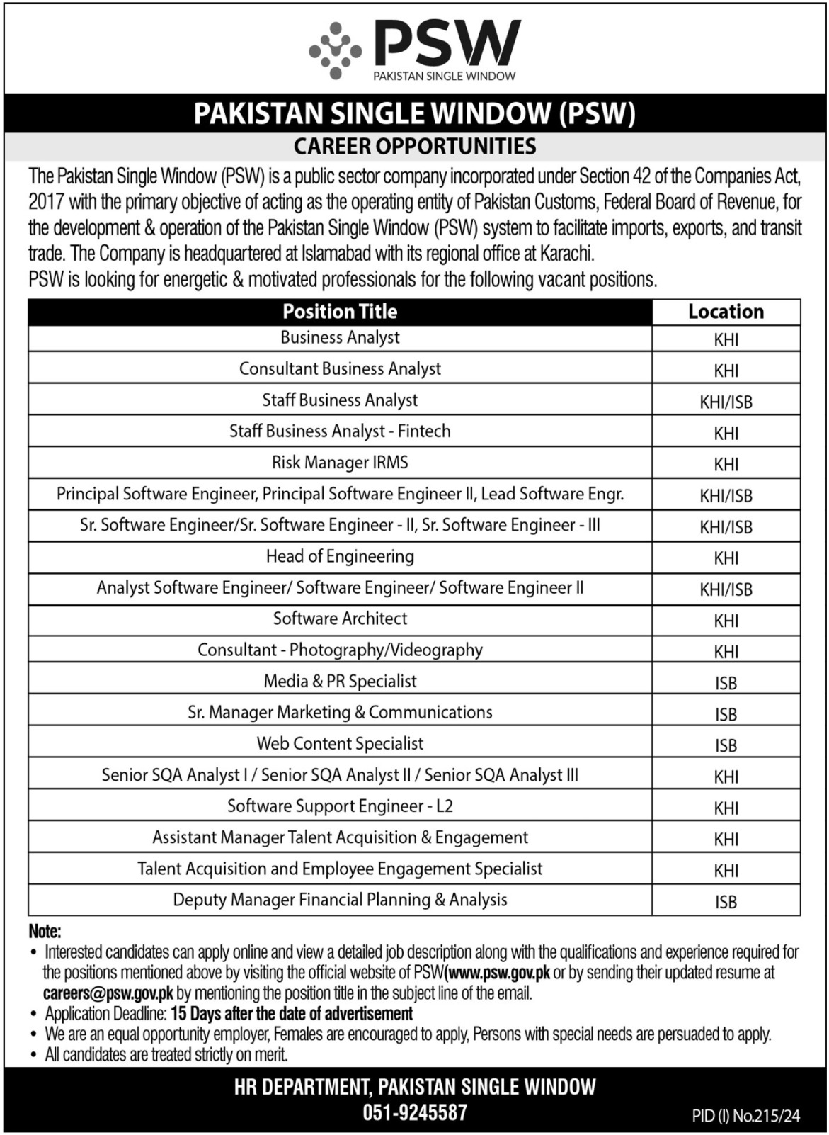 Pakistan single Window Psw Karachi Jobs 2024 Jobs 2024 — original advertisement