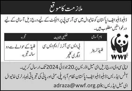 WWF Pakistan Khanewal Punjab Job 2024 – World Wide Fund WWF Pakistan Jobs 2024 — original advertisement