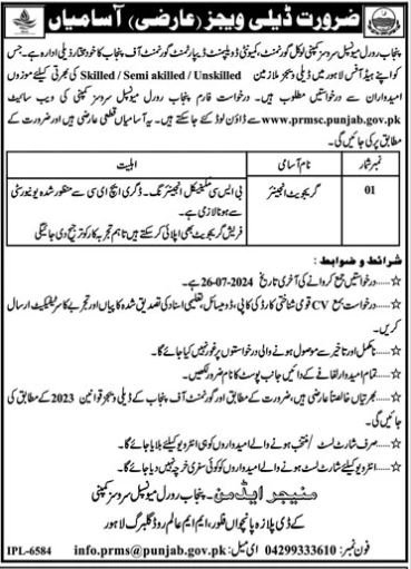 Punjab Rural Muncipal Services Company Jobs 2024 – Punjab Rural Municipal Services Company PRMSC Jobs 2024 — original advertisement