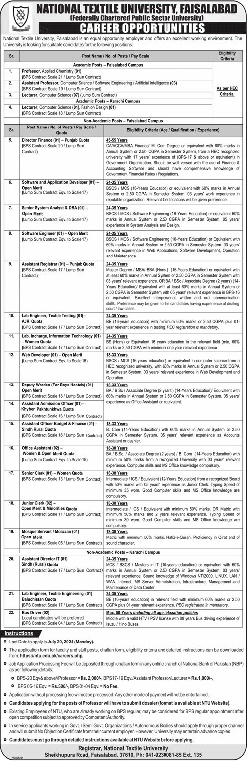National Textile University Faisalabad Jobs 2024 – National Textile University Faisalabad | NTU Admissions 2024 — original advertisement
